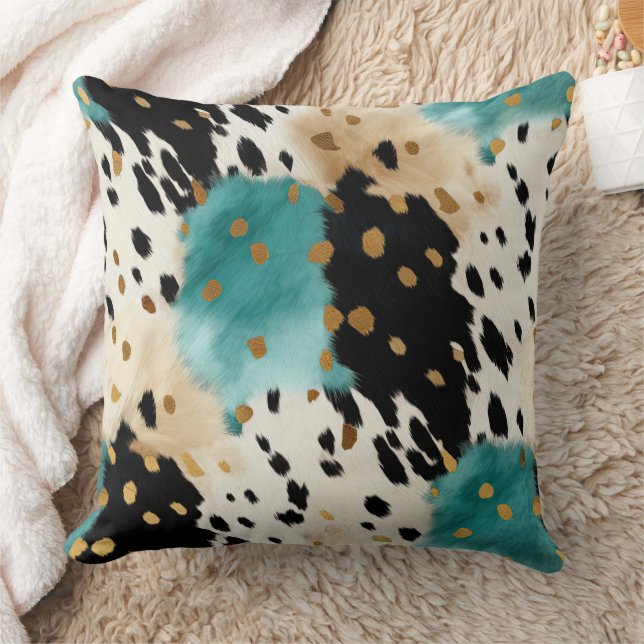 Turquoise Black Cream Gold Western Cowhide Throw Pillow (Blanket)