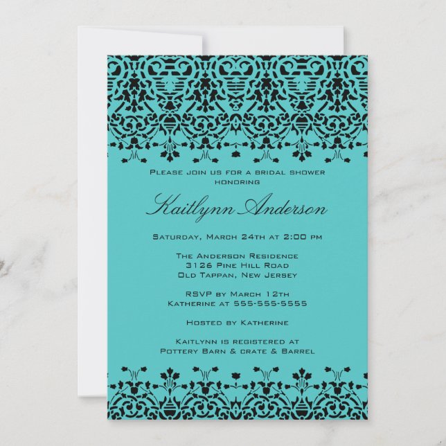 Turquoise & Black Damask Bridal Shower Invitation (Front)