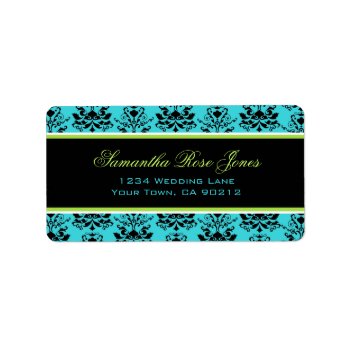 Turquoise & Black Damask Green Accent Address Label by prettypicture at Zazzle