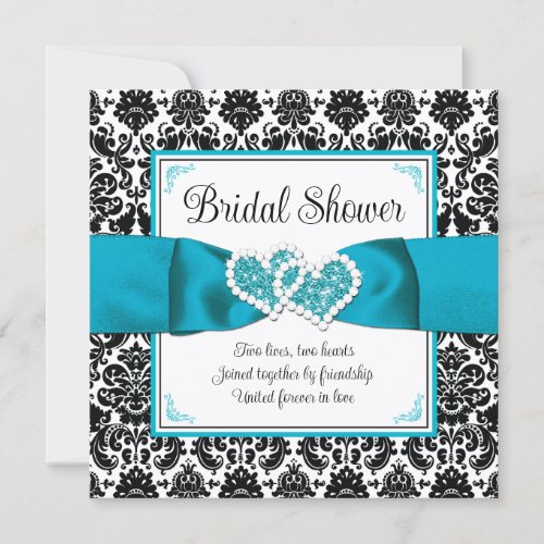Turquoise Black Damask Love Hearts Bridal Shower Invitation