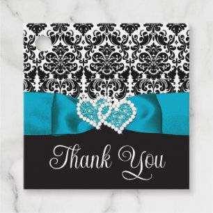 Turquoise, Black Damask Love Hearts Wedding Favor Tags
