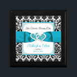 Turquoise, Black Damask Love Hearts Wedding Gift Box<br><div class="desc">This personalized and romantic jewelry box has a black and white damask pattern outer border with a turquoise ribbon and bow image with joined hearts images across the width of the trinket box. Above the ribbon, the words, "Two Hearts Became One" are printed in black script with the names of...</div>