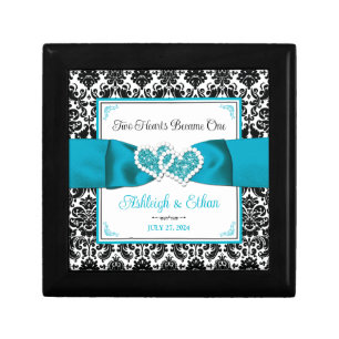 Turquoise, Black Damask Love Hearts Wedding Gift Box