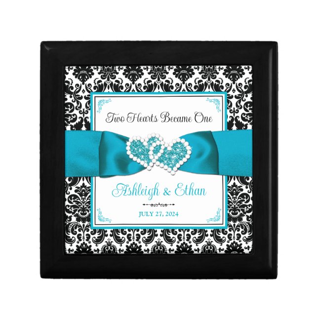 Turquoise, Black Damask Love Hearts Wedding Gift Box (Front)