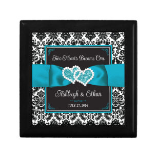 Turquoise, Black Damask Love Hearts Wedding Gift Box