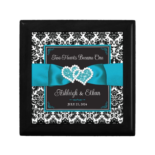 Turquoise, Black Damask Love Hearts Wedding Gift Box (Front)