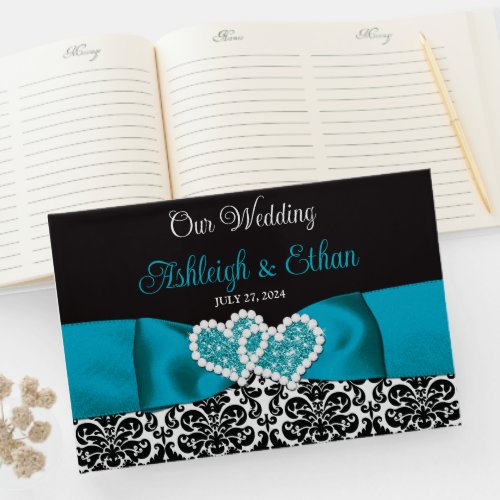 Turquoise Black Damask Love Hearts Wedding Guest Book