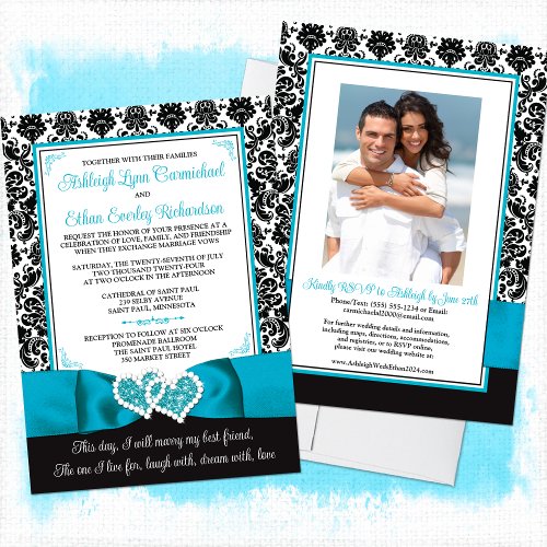 Turquoise Black Damask Love Hearts Wedding Invitation