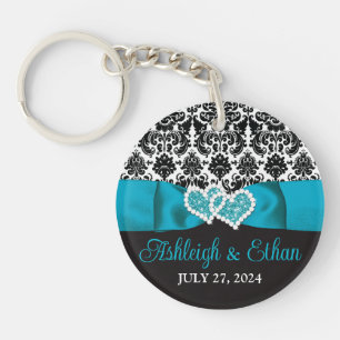 Turquoise, Black Damask Love Hearts Wedding Keychain