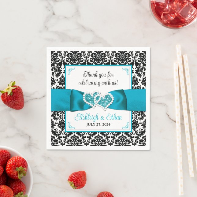 Turquoise, Black Damask Love Hearts Wedding Napkins (Insitu)