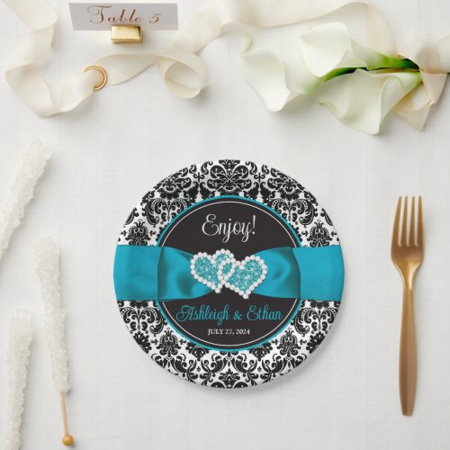 Turquoise Black Damask Love Hearts Wedding Paper Plates