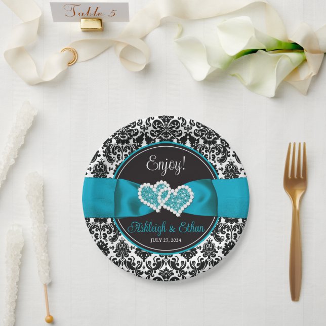 Turquoise, Black Damask Love Hearts Wedding Paper Plates (Wedding)