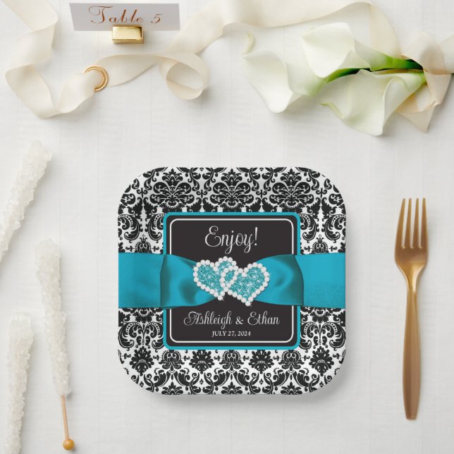 Turquoise, Black Damask Love Hearts Wedding Paper Plates (Wedding)