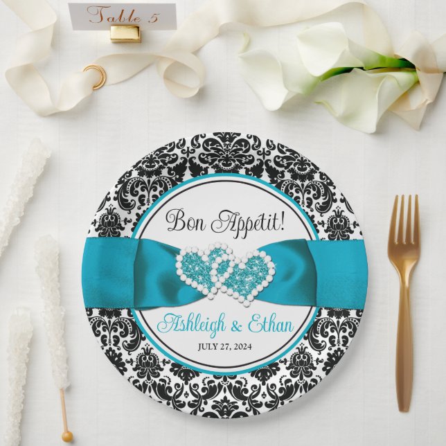 Turquoise, Black Damask Love Hearts Wedding Paper Plates (Wedding)