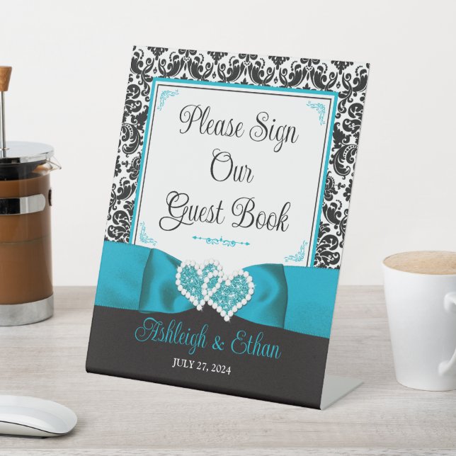 Turquoise, Black Damask Love Hearts Wedding Pedestal Sign (In SItu)