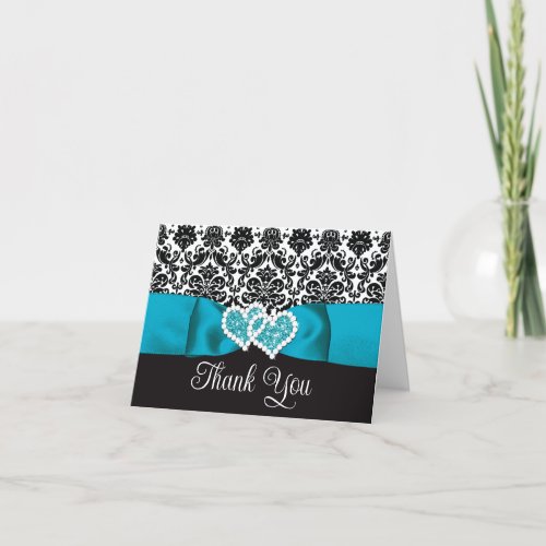 Turquoise Black Damask Love Hearts Wedding Thank You Card