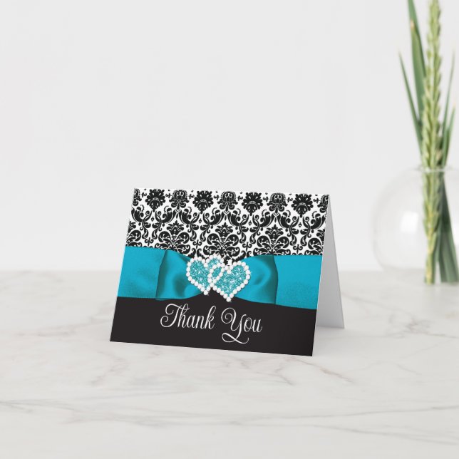 Turquoise, Black Damask Love Hearts Wedding Thank You Card (Front)