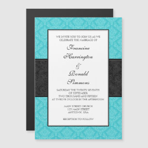Turquoise Black Damask Magnetic Wedding Invites