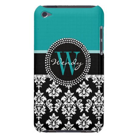Turquoise, Black Damask Pattern Initial Name Barely There Ipod Case