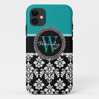 Turquoise, Black Damask Pattern Initial Name iPhone 11 Case