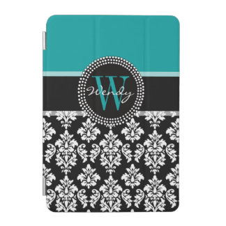 Turquoise, Black Damask Pattern Initial Name iPad Mini Cover