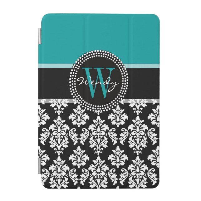 Turquoise, Black Damask Pattern Initial Name iPad Mini Cover (Front)