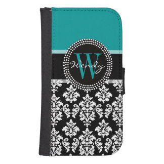 Turquoise, Black Damask Pattern Initial Name Phone Wallet