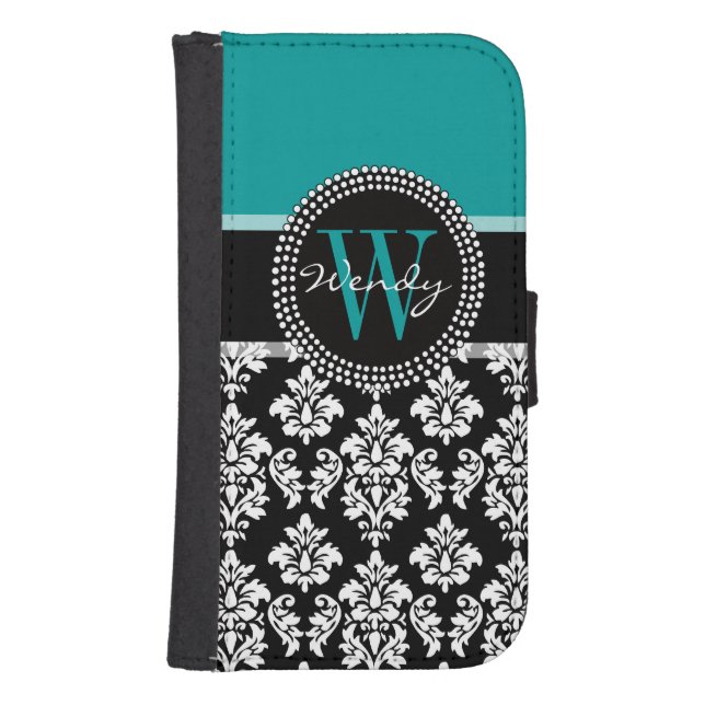 Turquoise, Black Damask Pattern Initial Name Samsung Galaxy Wallet Case (Front)