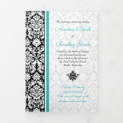 Turquoise Black Damask Tri_Fold Wedding Program