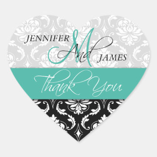 Turquoise Black Damask Wedding Favor Heart Sticker