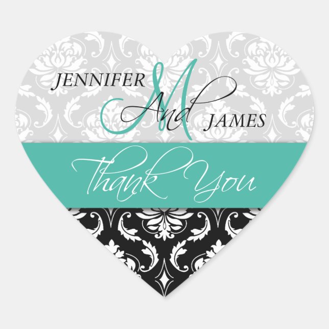 Turquoise Black Damask Wedding Favor Heart Sticker (Front)