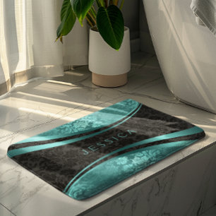 Turquoise & Black Floral Damasks Bath Mat