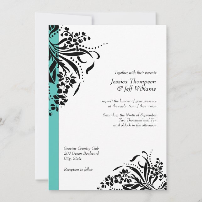 Turquoise & Black Flourish Wedding Invitations (Front)