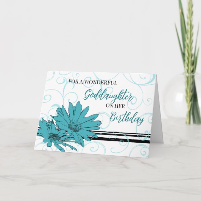 Turquoise Black Flowers Goddaughter Birthday Card (Front)