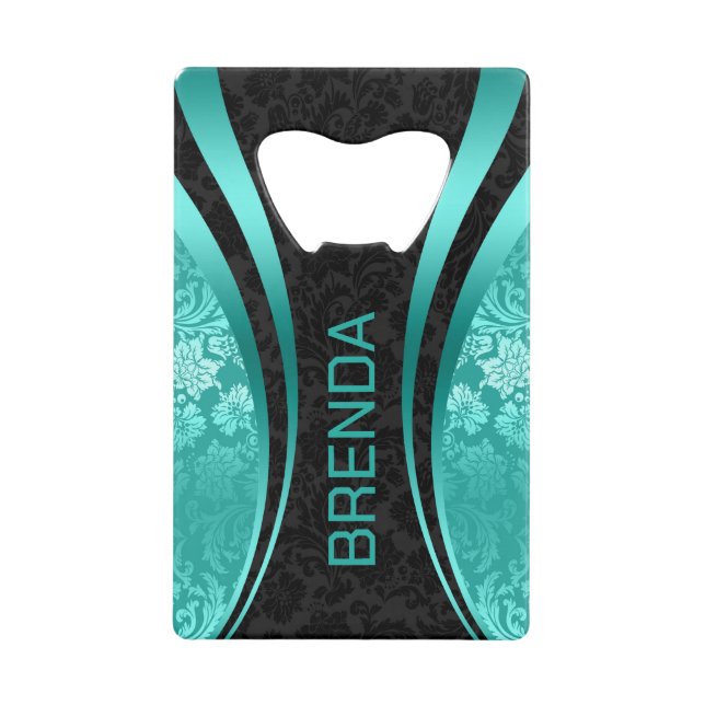 Turquoise & Black Geometric Design Damask Accent Credit Card Bottle Opener (Front)