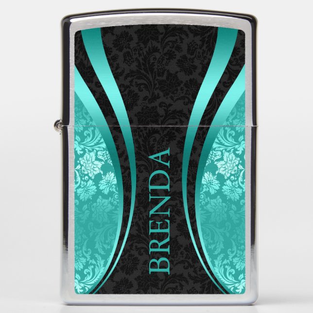 Turquoise & Black Geometric Design Damask Accent Zippo Lighter (Front)