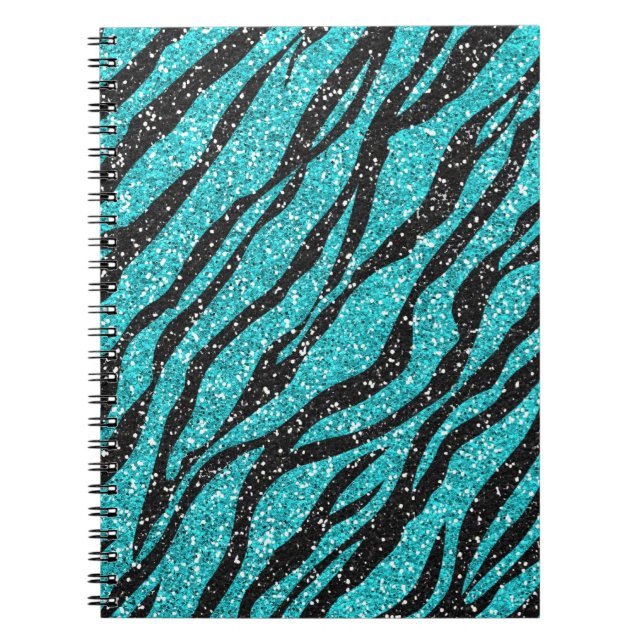 Turquoise Black Glitter Zebra Print Spiral Notebook (Front)