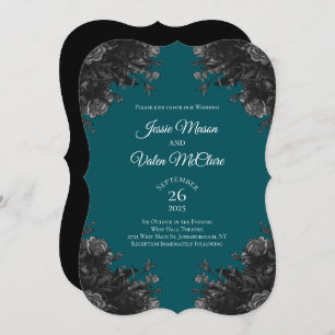 Turquoise Black Grey Roses Gothic Elegant Wedding Invitation