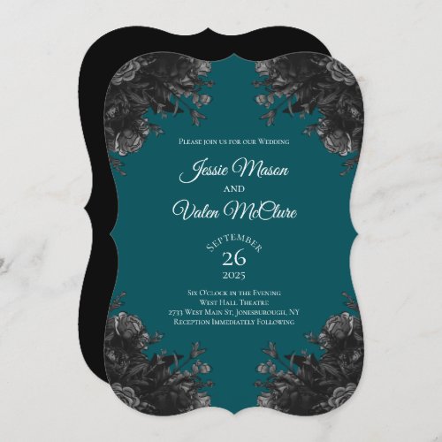 Turquoise Black Grey Roses Gothic Elegant Wedding Invitation