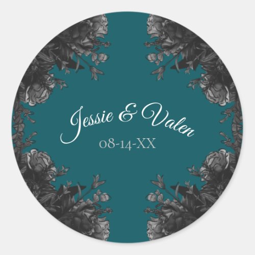 Turquoise Black Grey Roses Gothic Wedding Classic Round Sticker