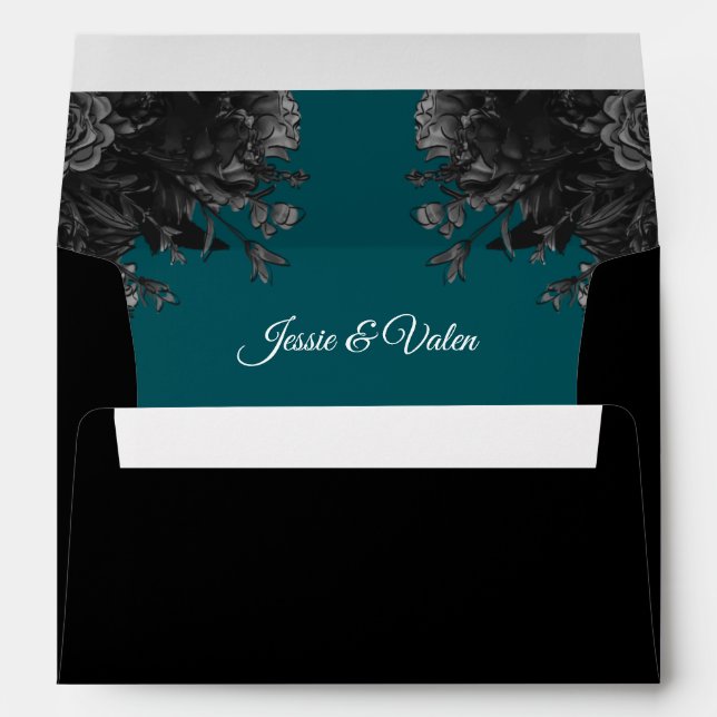 Turquoise Black Grey Roses Gothic Wedding Envelope (Back (Bottom))