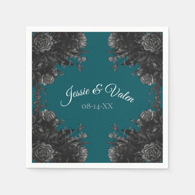 Turquoise Black Grey Roses Gothic Wedding Napkins (Front)