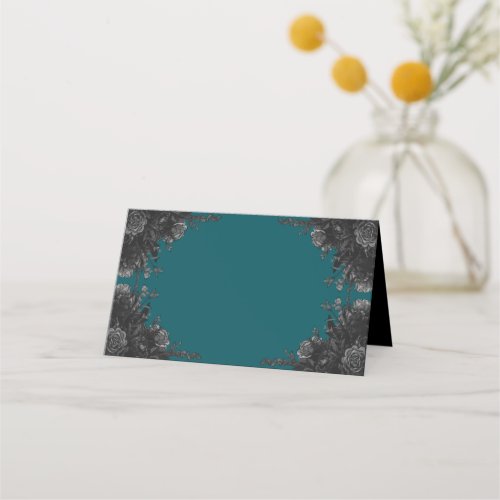 Turquoise Black Grey Roses Gothic Wedding Place Card