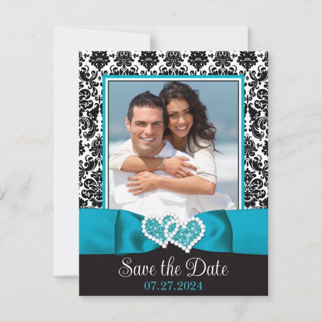 Turquoise, Black Love Hearts Photo Save the Date (Front)
