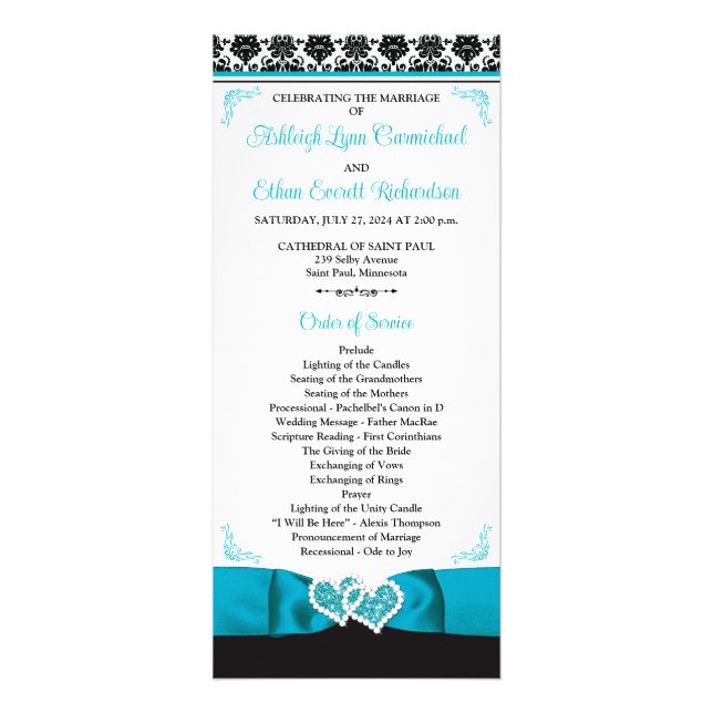 Turquoise, Black Love Hearts Wedding Program (Front)