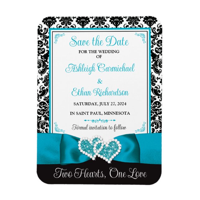 Turquoise, Black Love Hearts Wedding Save the Date Magnet (Vertical)