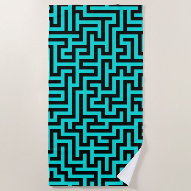 Turquoise Black Maze Lines Beach Towel (Front)
