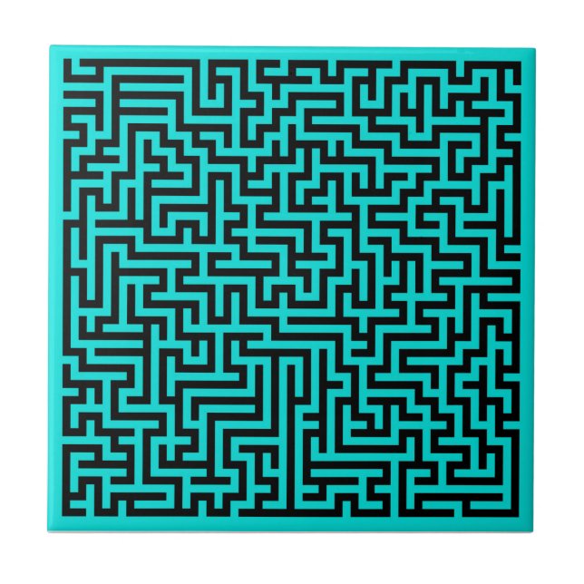 Turquoise Black Maze Lines Ceramic Tile (Front)