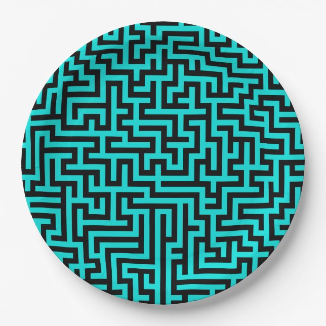 Turquoise Black Maze Lines Paper Plates (Front)