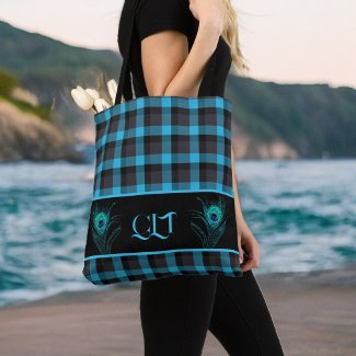 Turquoise Black Plaid Peacock Feathers Monogram